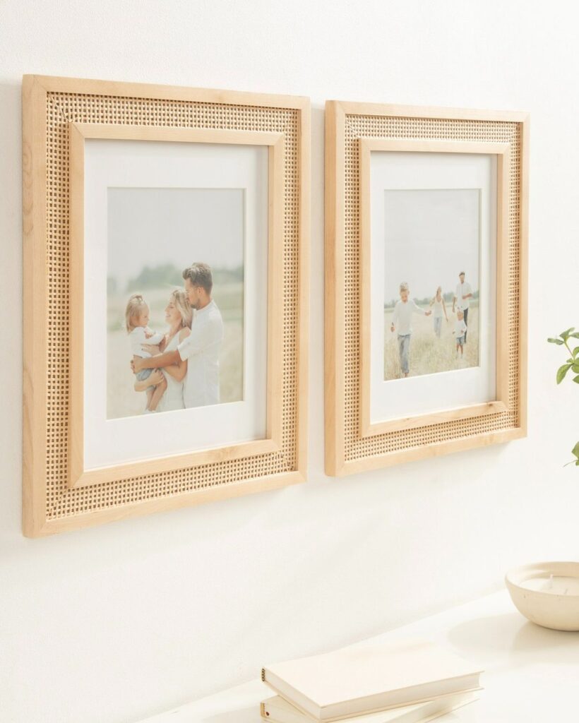 The picture frame is made from rattan cane webbing.
